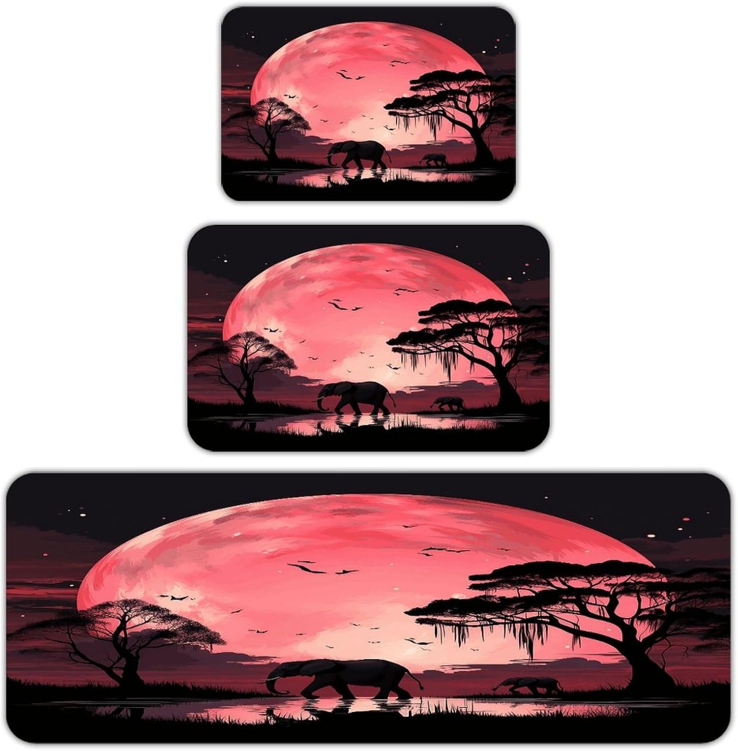 Pink Moon Elephant Kitchen Rugs Set of 3 Non Slip Washable Kitchen Mats for Floor Soft Area Rug Kitchen Floor Mat Cushioned Anti Fatigue Mats Standing Sink Mat Decor Runner Rugs