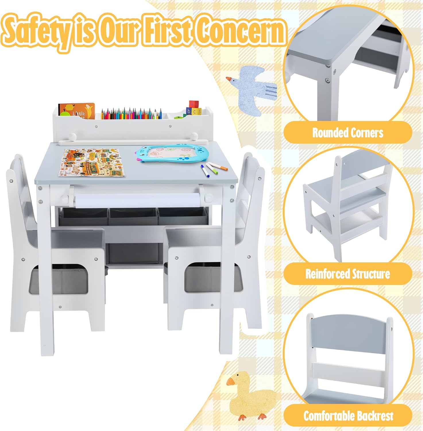 Kids Art Table & Chairs Set, Wooden Activity Table with 2 Chairs, Kids Craft Desk W/8 Storage Bins and Paper Roll, Toddler Furniture Set for Art, Crafts, Drawing, Reading, Grey