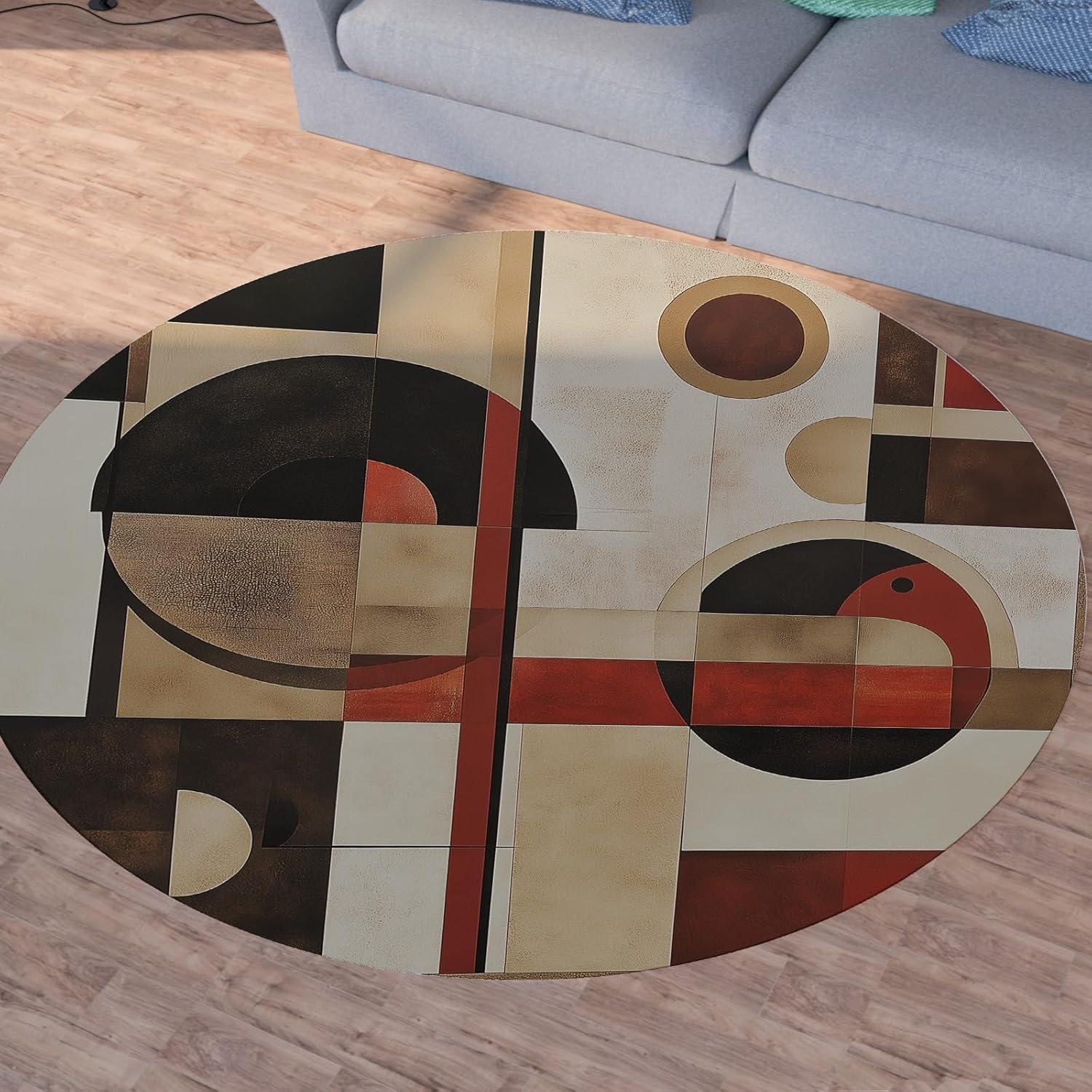 Round Area Rug 2'x2' Rug for Living Room Bedroom Machine Washable Non Slip Printed Abstract Vintage Geometric Colorful Rugs Low-Pile Soft Circle Rugs for Kitchen Dining Carpet Vintage Geometric