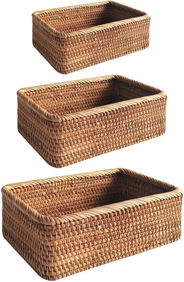 3 Pack Rattan Storage Baskets, Rectangular Rattan Fruit Baskets, Wicker ...