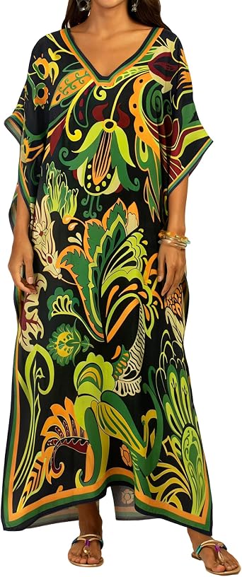Bsubseach Kaftan Dresses for Women Boho Ethnic Print V-Neck Beach Cover Ups