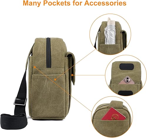 Miniatura 5 de TULLIO Bolsa para cámara pequeña de lona, bolso cruzado impermeable para cámara DSLR para fotógrafo Verde militar,Negro-Gris,Blanco apagado,Verde