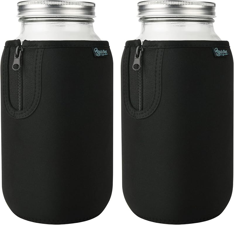 Beautyflier Wide Mouth Mason Jars 64oz Sleeve, Large Clear Glass 2 Quart Insulators Covers, Wide Mouth Half Gallon Sprouting Mason Jars Blackout Sleeves, Bottle Not Included (Black)