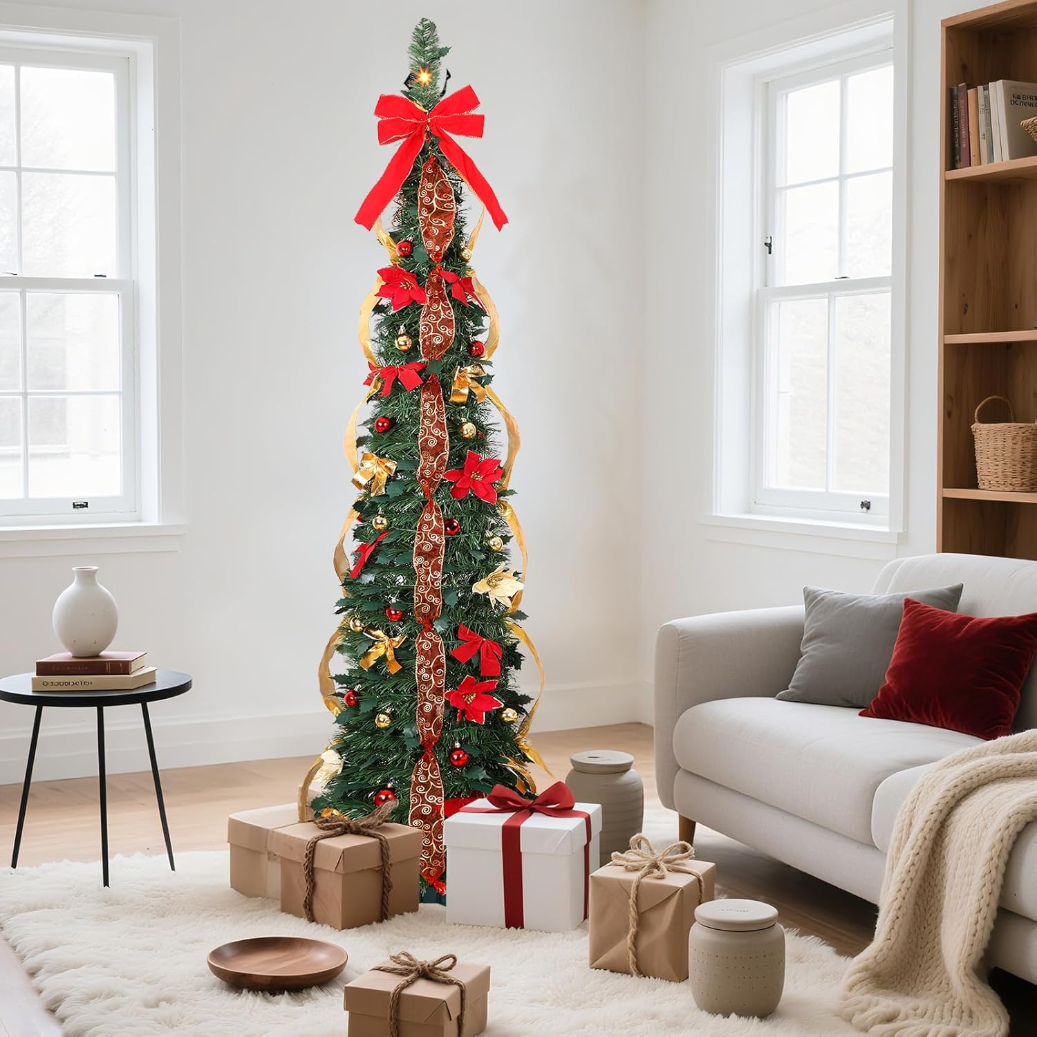 6ft Pop Up Prelit Pencil Artificial Christmas Tree with Remote Control, Slim Collapsible Christmas Tree Pre-Decorated Red&Gold Decorations, Pre-Lit Warm White&Multi-Color Lights for Xmas Decor, 6 FT