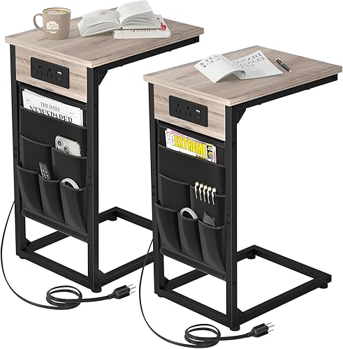 Miniatura 16 de AMHANCIBLE HET04CBK - Mesa auxiliar en forma de C con estación de carga, juego de 2 bandejas de TV, mesas de sofá con bolsa de almacenamiento, mesa