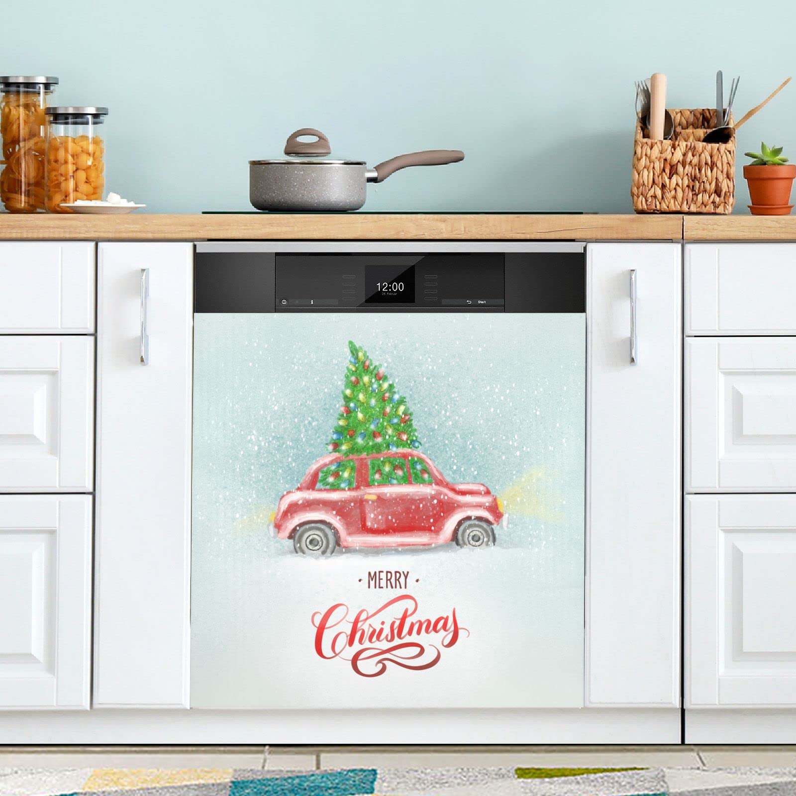 Christmas Red Car Xmas Treer Dishwasher Magnet Cover Light Snow New Yea Magnet Dishwasher Cover Refrigerator Magnetic Cover Front Decal Fridge Magnets Home Appliance Sticker For Kitchen 23"x 26"