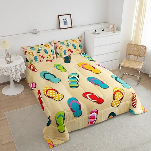 Miniatura 3 de Erosebridal Juego de ropa de cama con temática costera de playa, juego de edredón con patrón de chanclas, relleno de edredón de verano oceánico,