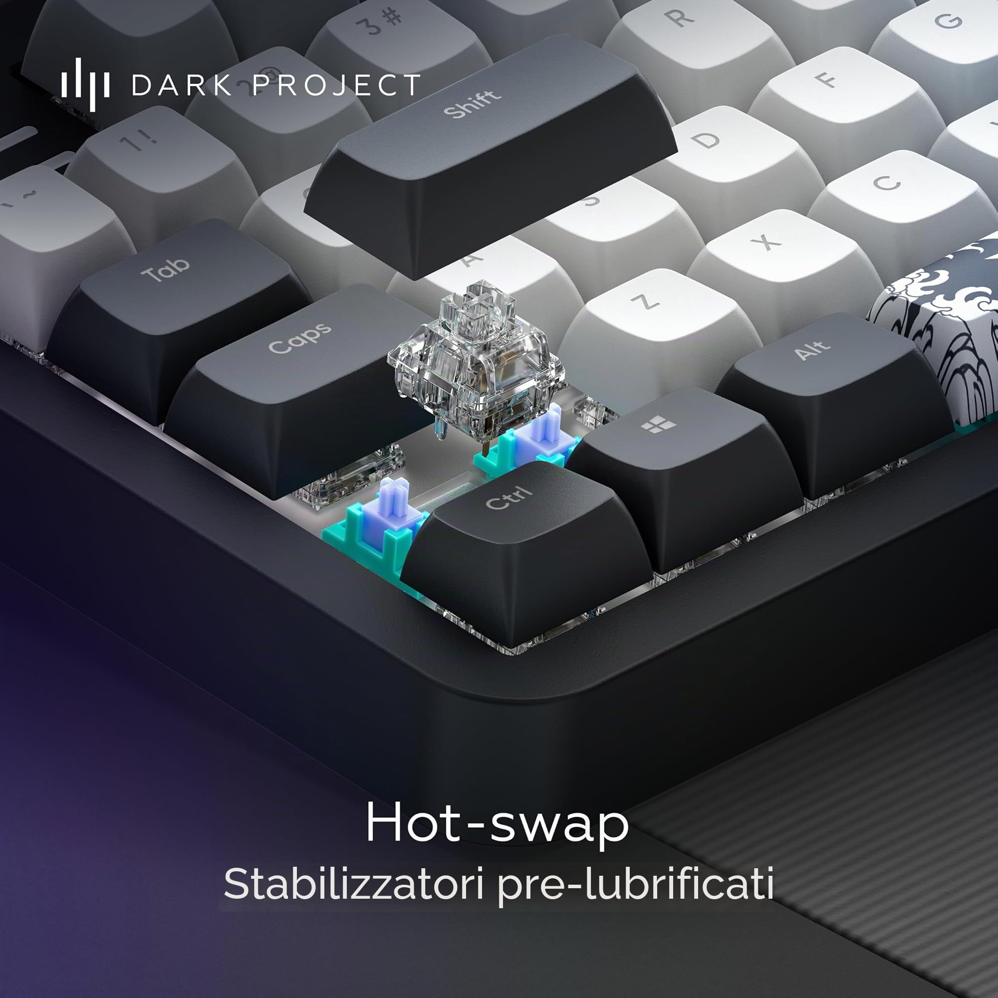 Dark Project ALU87B Bushido Tastiera meccanica da gioco | ISO Multi | Hot swap | G3MS Moonstone Interruttori unti | Stabilizzatori unti | Supporto di tenuta flessibile | Alluminio | TKL 80% | RGB