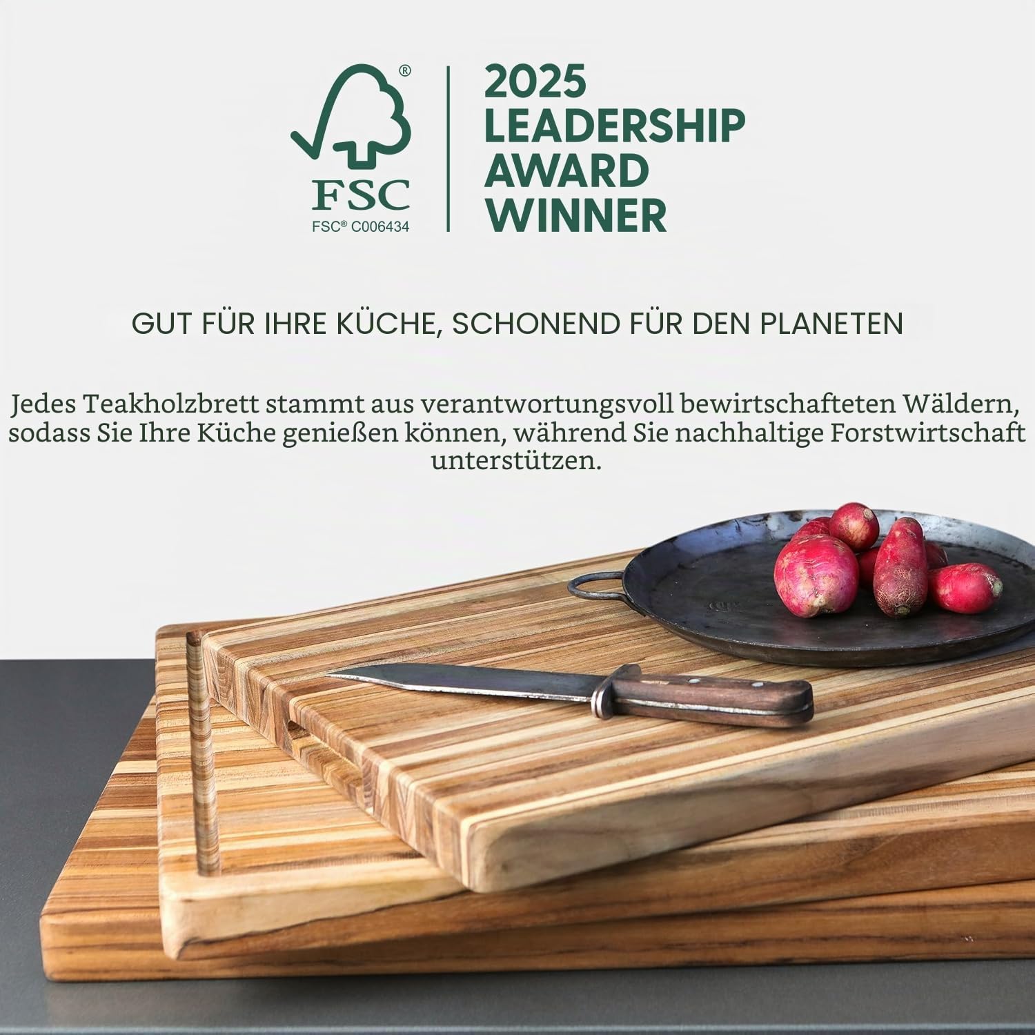 Teakhaus Butcher Block Schneidebrett Holz mit Saftrille extra dick | 52 x 36 x 6,4cm | FSC zertifiziertes, robustes Stirnholz Schneidebrett | Dickes Teak-Holzbrett Küche für glatte saubere Schnitte