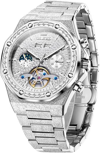 OLEVS Automatic Mens Watch Automatic Mechanical Business Diamond Luxury Dress Stainless Steel Waterproof Luminous Wrist Watch, 9805 silver, Bracelet Type