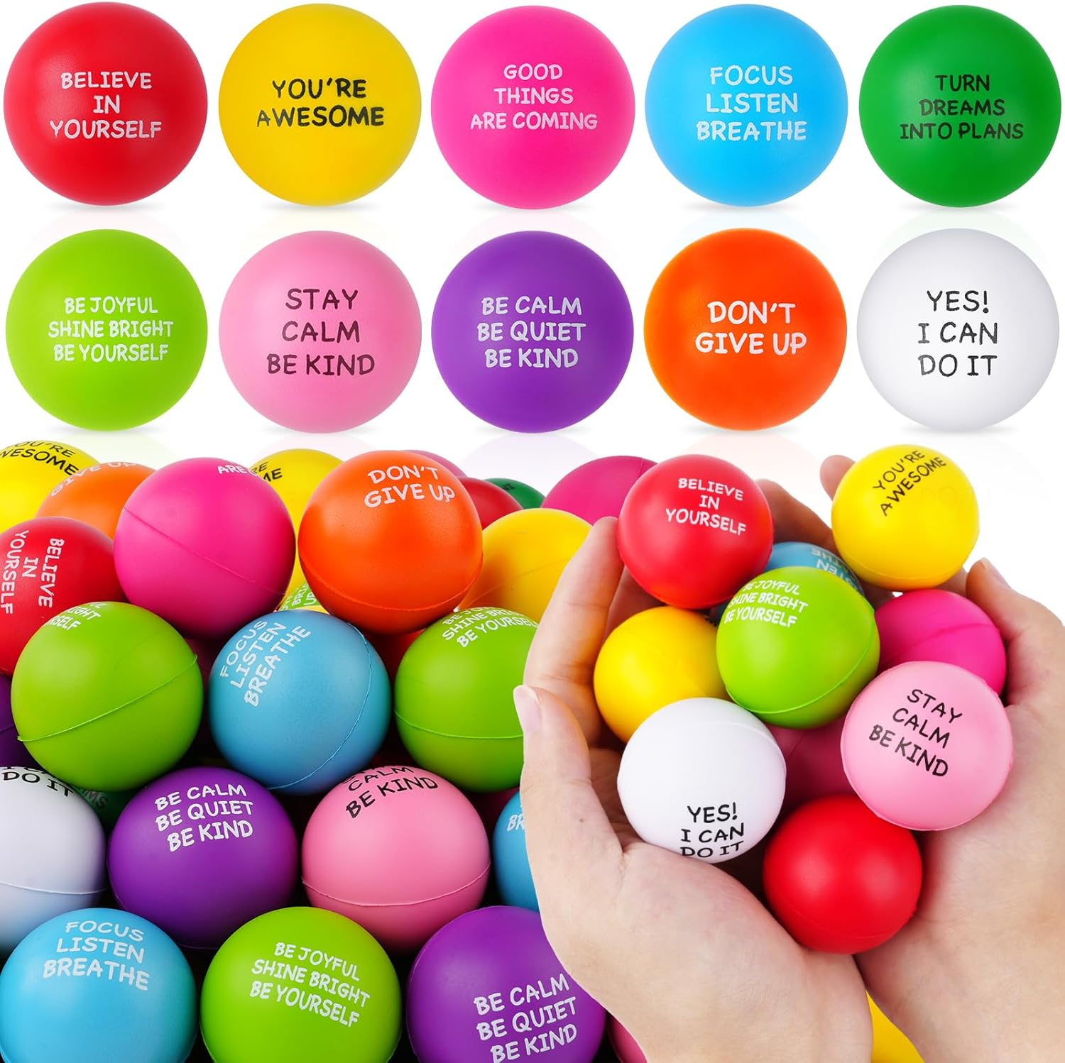 100 PCS Motivational Stress Balls Bulk - Foam Stress Relief Toys for Kids & Adults, Inspirational Quotes, Fun & Encouraging Stress Balls for Office, School, Home, Perfect Party Favors