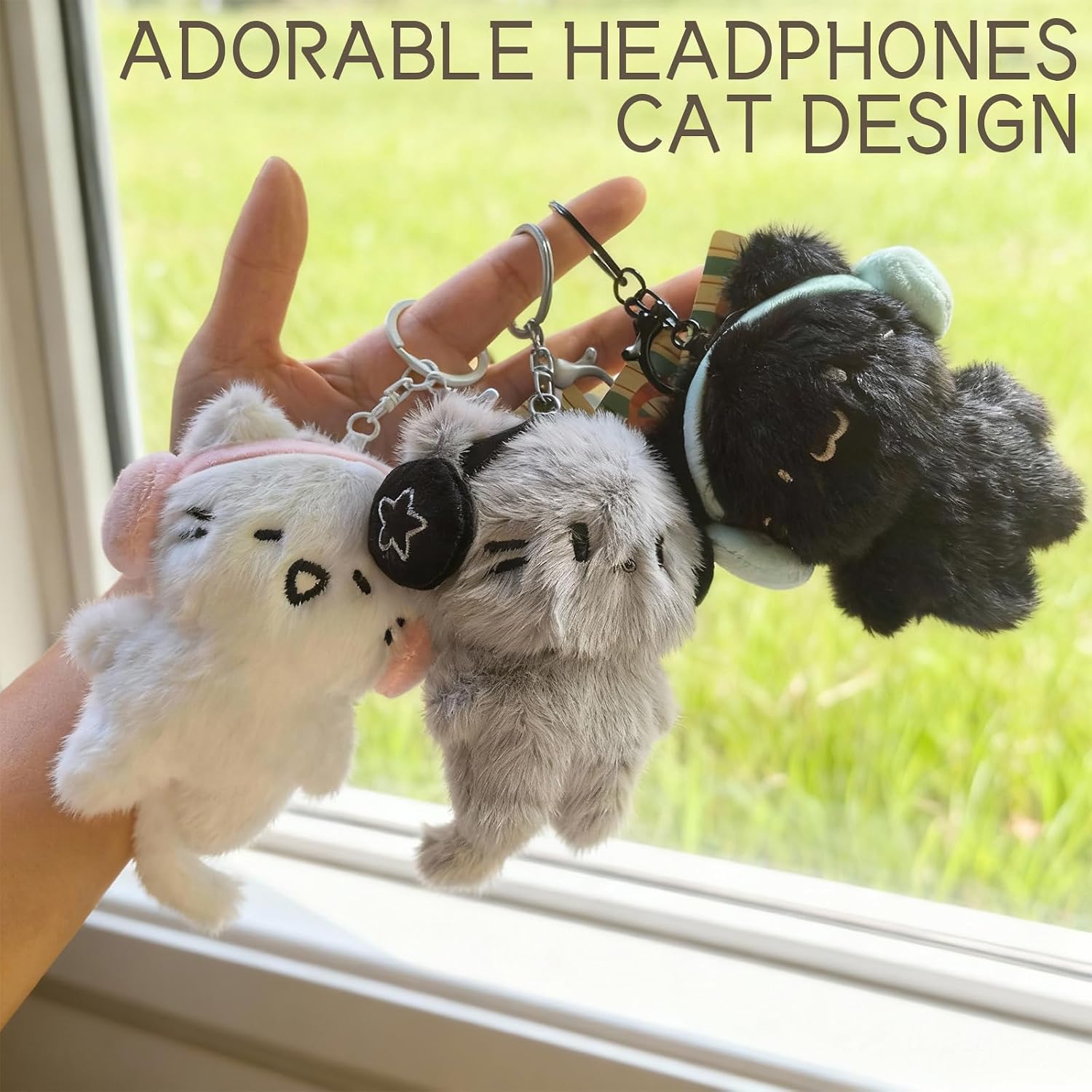 Headphones Cat Keychain - Plush Kitten Animal Cartoon Purse Charms, Handbag Key Chains Gift, Hanging Keyring