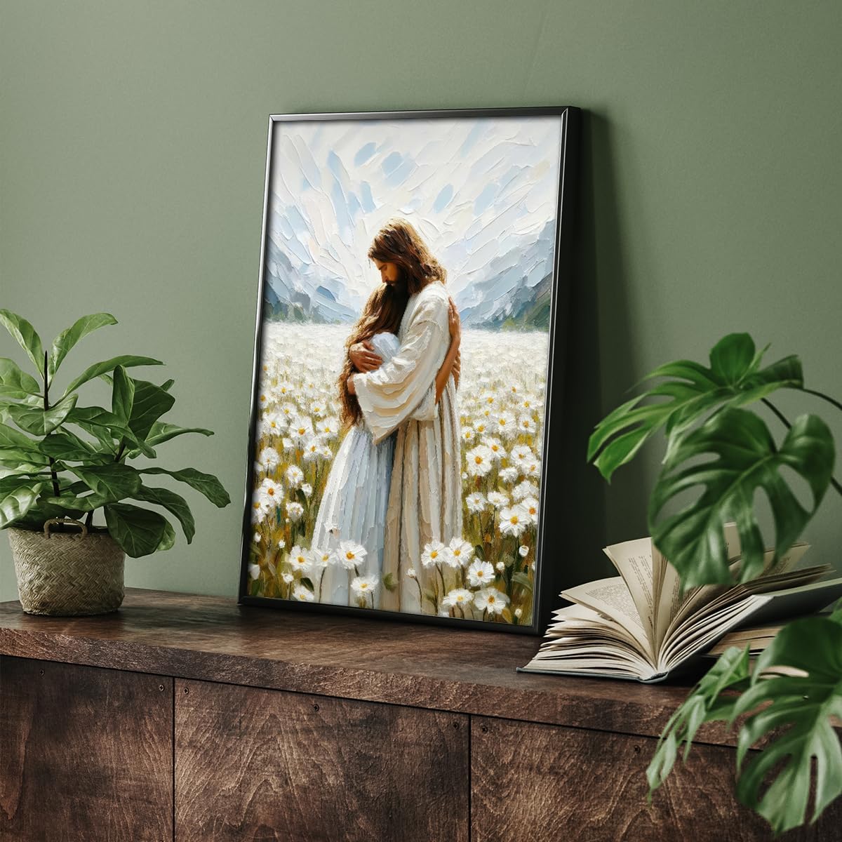 Jesus Wall Art Framed Jesus Hugging Woman Poster For Church Room Wall Decor-Christian Art Canvas Prints Picture Hang To Home Living Bedroom Office For Decor
