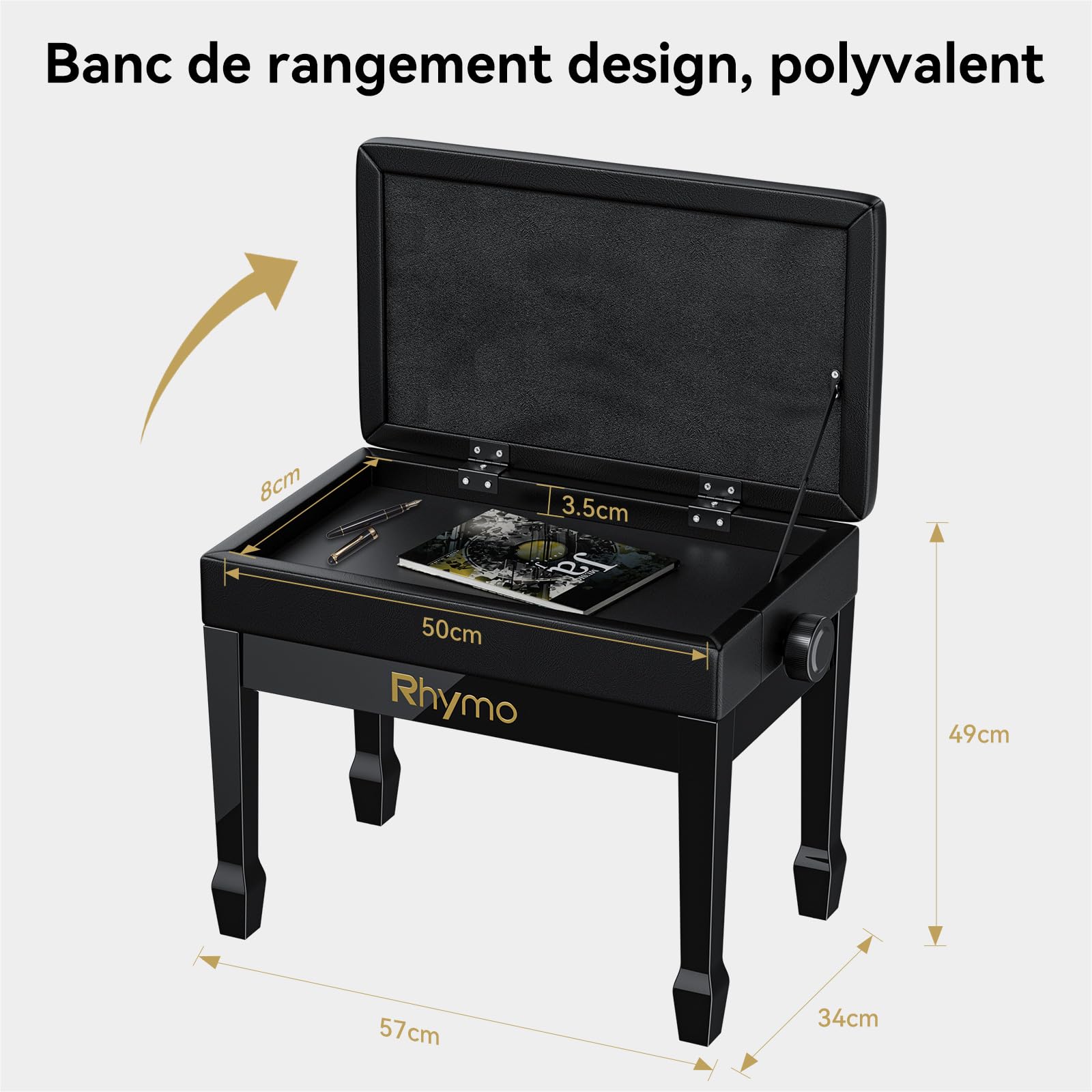 Rhymo Tabouret Piano avec Hauteur réglable et Rangement intégré, Banc de Piano avec Mousse à mémoire de Forme, revêtement en Bois de chêne et Cuir PU, capacité de Charge 420 IB