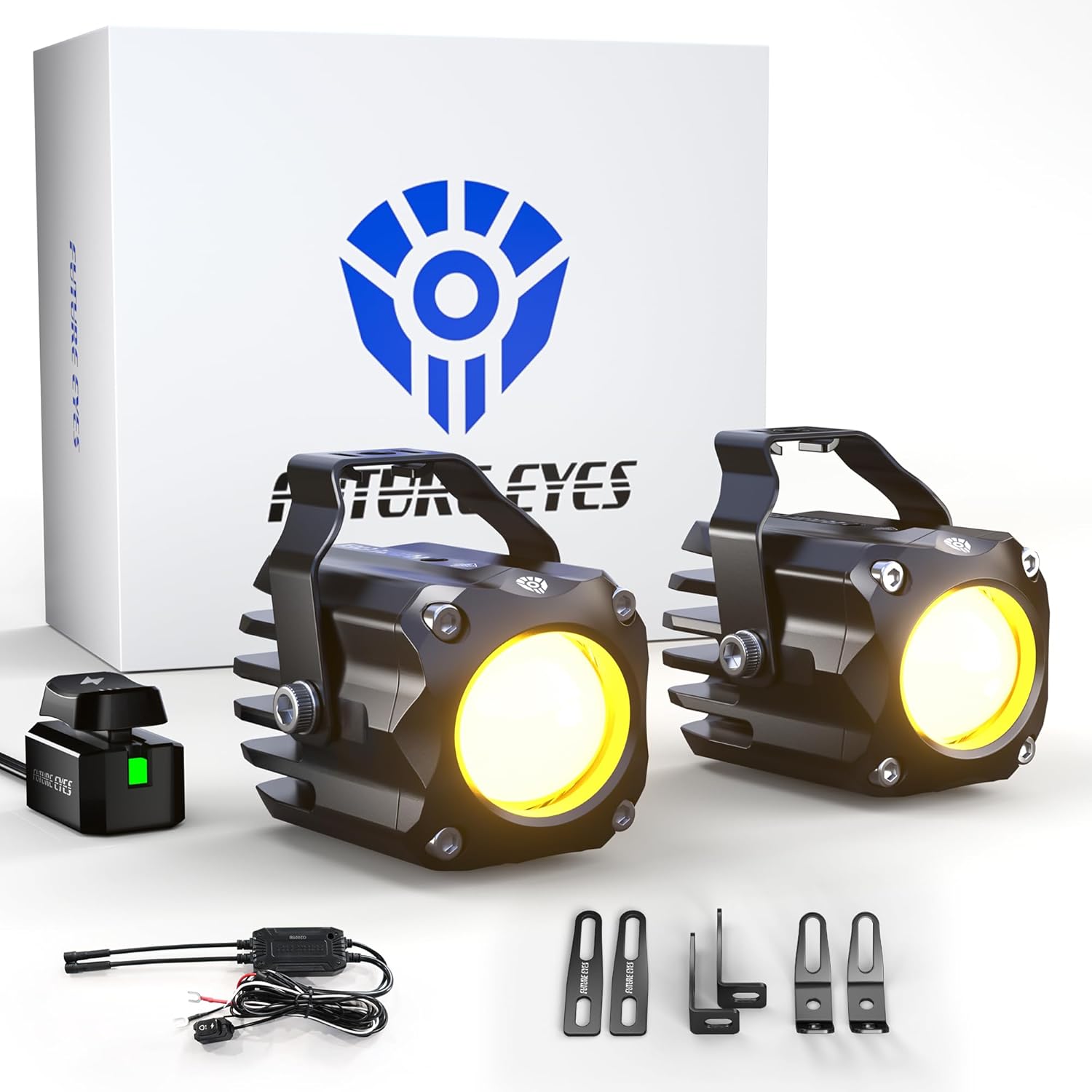 Future Eyes Motorcycle Fog Lights LED Kit, 60W White/Amber Driving Lights with High/Low Beam, CNC Aluminum Waterproof Auxiliary Light, Spot Headlight for Night Riding