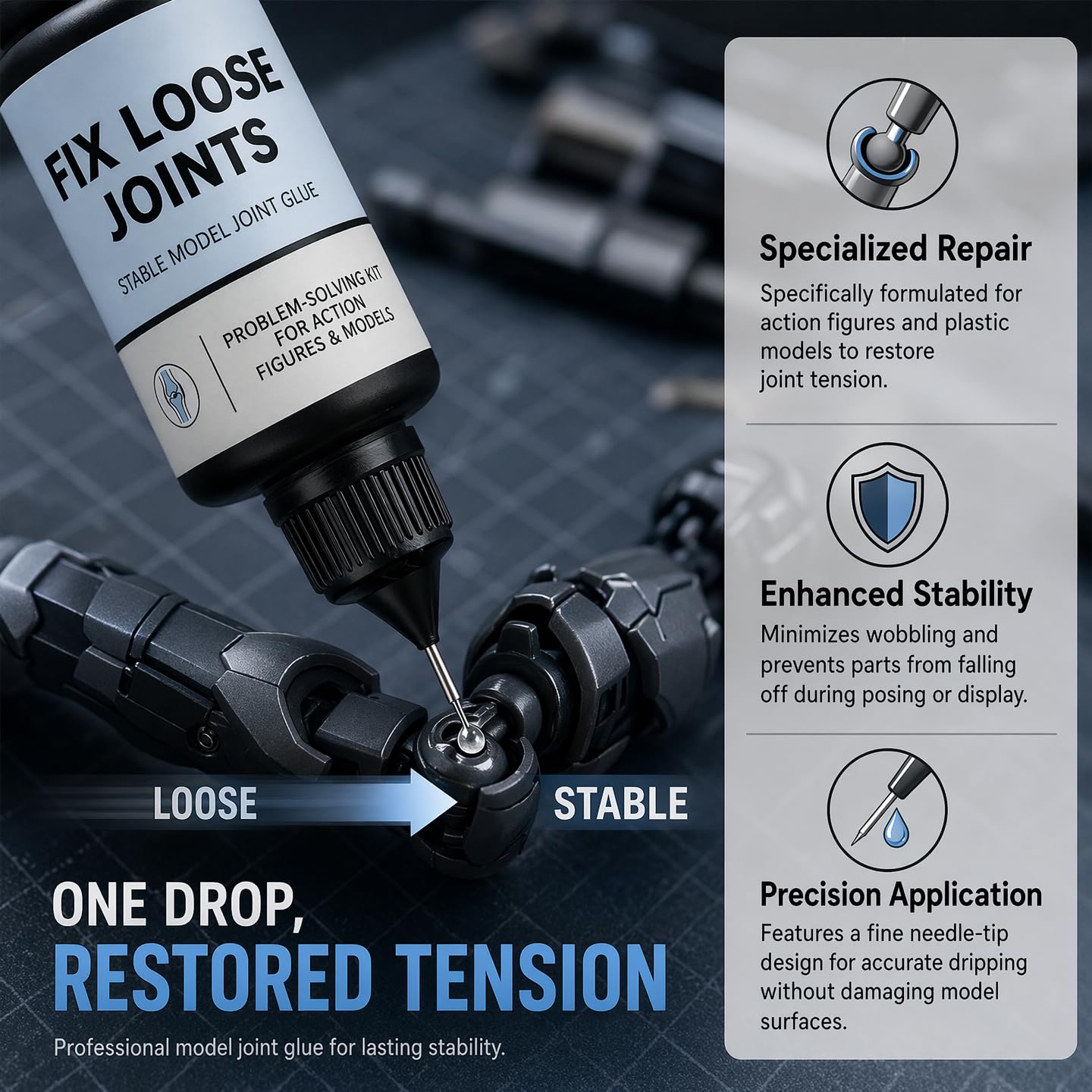 45ml Premium Loose Joint Repair Solution for Action Figures & Models, Precision Needle Head Easy Application, Fast Drying Long-Lasting Flexible Hold, Safe for Plastic Resin Vinyl Materials