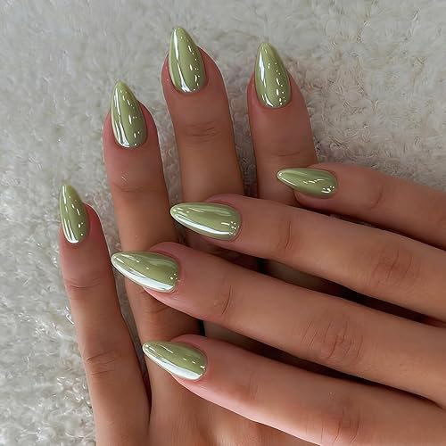 KXAMELIE Chrome Sage Green Press on Nails Short Almond, Shiny