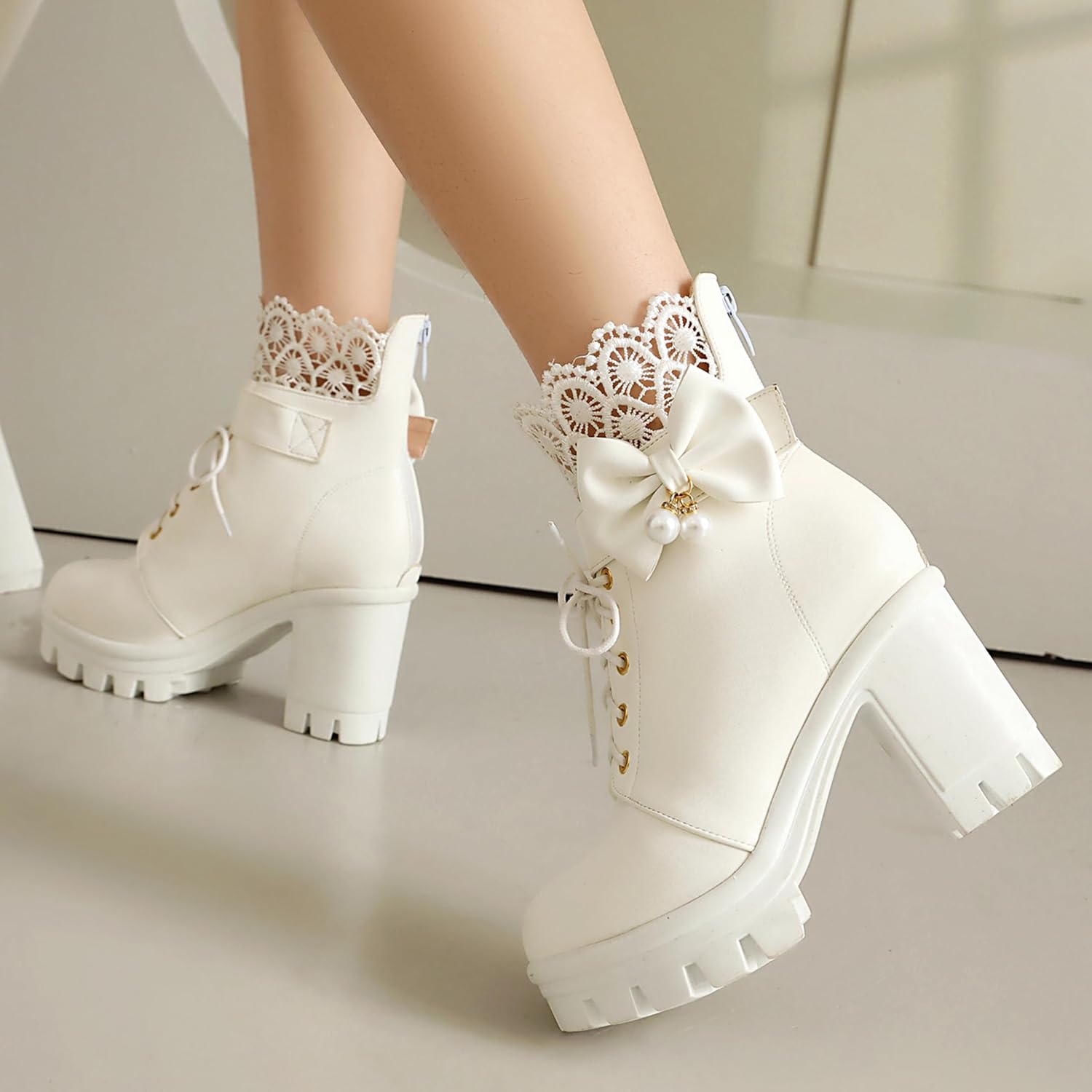 Women Round Toe Chunky Platform Lace Up Ankle Boots