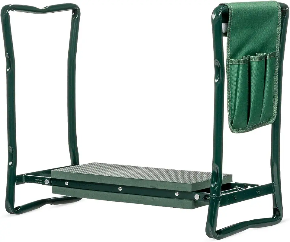 Valle Verde 2in1 Kniebank für Gartenarbeit, Sitzbank, Kniekissen, Pflanzhocker - Mit Schaumkissen, Werkzeugtasche, Klappbar - Gepolstert, Gelenkschonend - Bis 150kg Belastbar, 59 x 27,5 x 49 cm