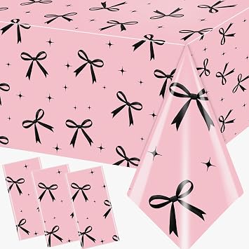 3Pcs Pink Bow Tablecloth,Black Bow Table Decor,Coquette Birthday Decorations Black,Disposable Waterproof Party Supplies for Girls Baby Shower,Bridal Shower,Bachelorette Party