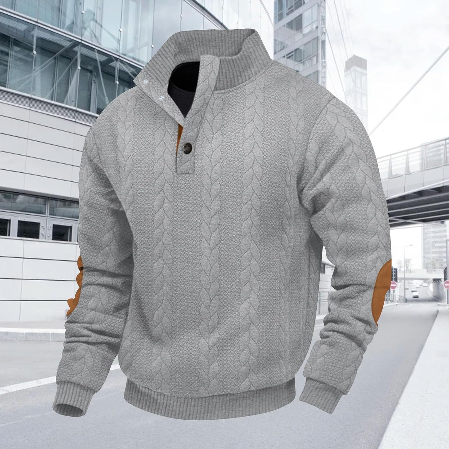 Men's Quilted Sweatshirt Casual Long Sleeve Stand Collar Quarter Button Knitted Pullover Workout Sweatshirts