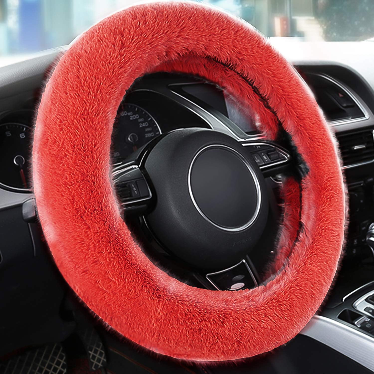 HOUSE DAY Fashion Car Steering Wheel Cover Fluffy Plush Wool Cover Anti-Slip for Women/Girls/Ladies Universal 15 inch (Red)