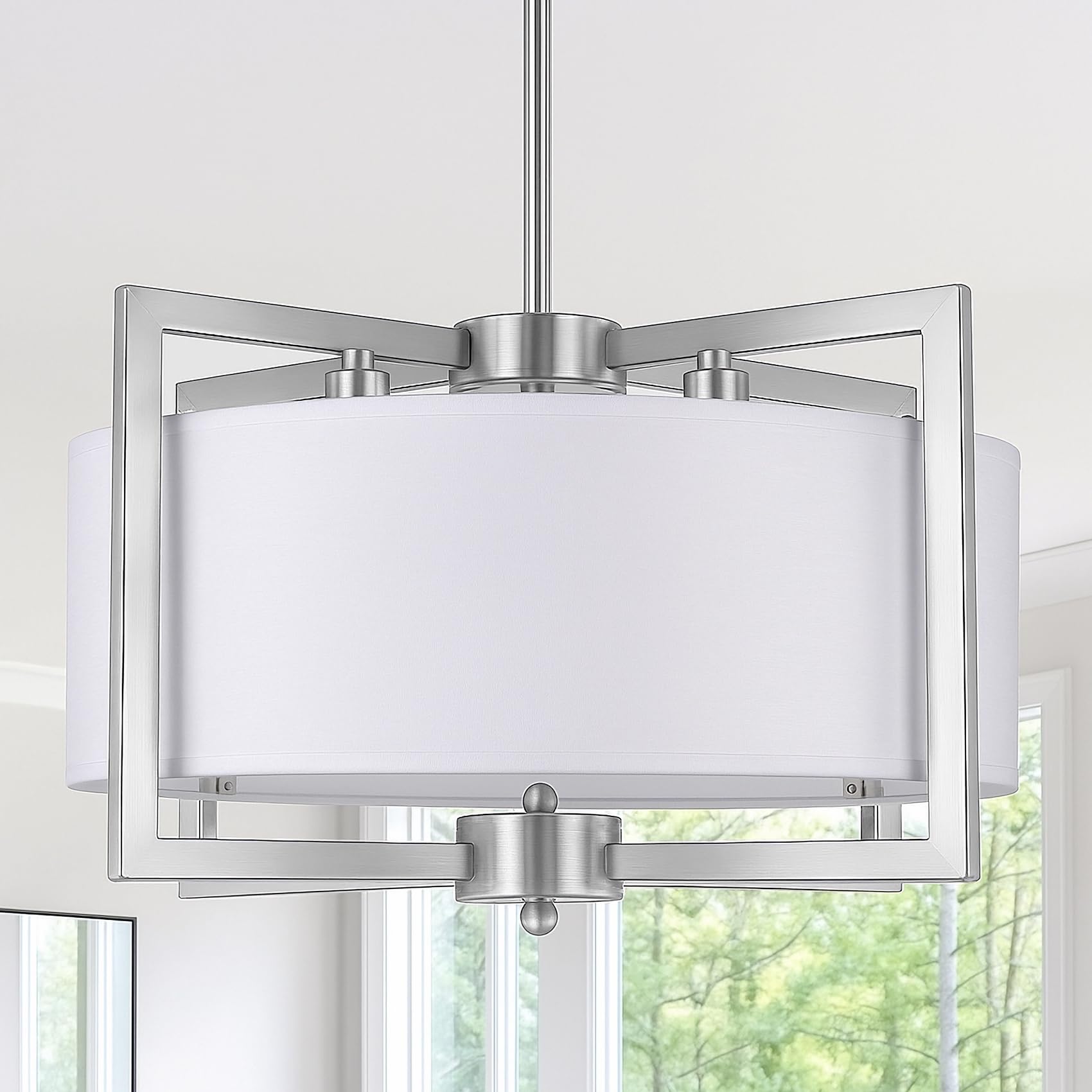 Photo 1 of 4-Light Modern Chandelier for Dining Room, 18'' Drum Pendant Light Fixture Chandelier with Fabric Shade, Farmhouse Chandeliers Hanging Lighting Fixtures for Foyer Entryway Living Room, Brushed Nickel