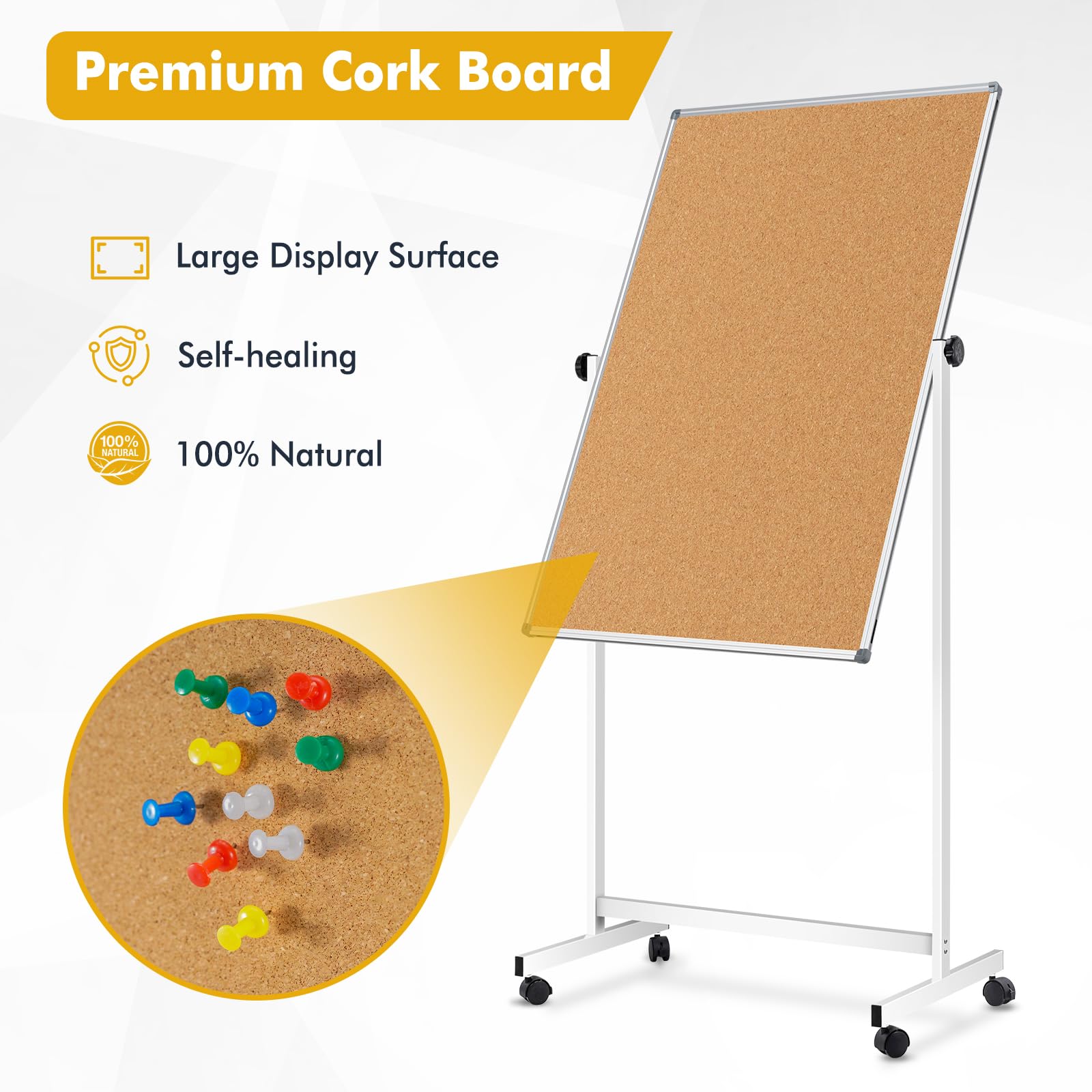 [15 pies cuadrados] Combo de pizarra blanca y corcho grande con soporte, pizarra blanca reversible de doble cara de 28 x 40 pulgadas, combinación de pizarra blanca de corcho de doble cara, borrado en