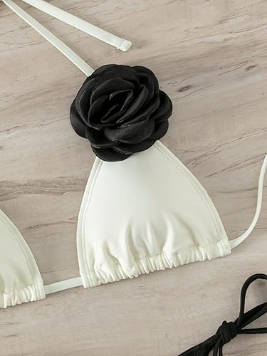 Miniatura 3 de OYOANGLE Conjunto de bikini de 2 piezas para mujer, con apliques florales, sin espalda, halter triangular, traje de baño con lazo lateral