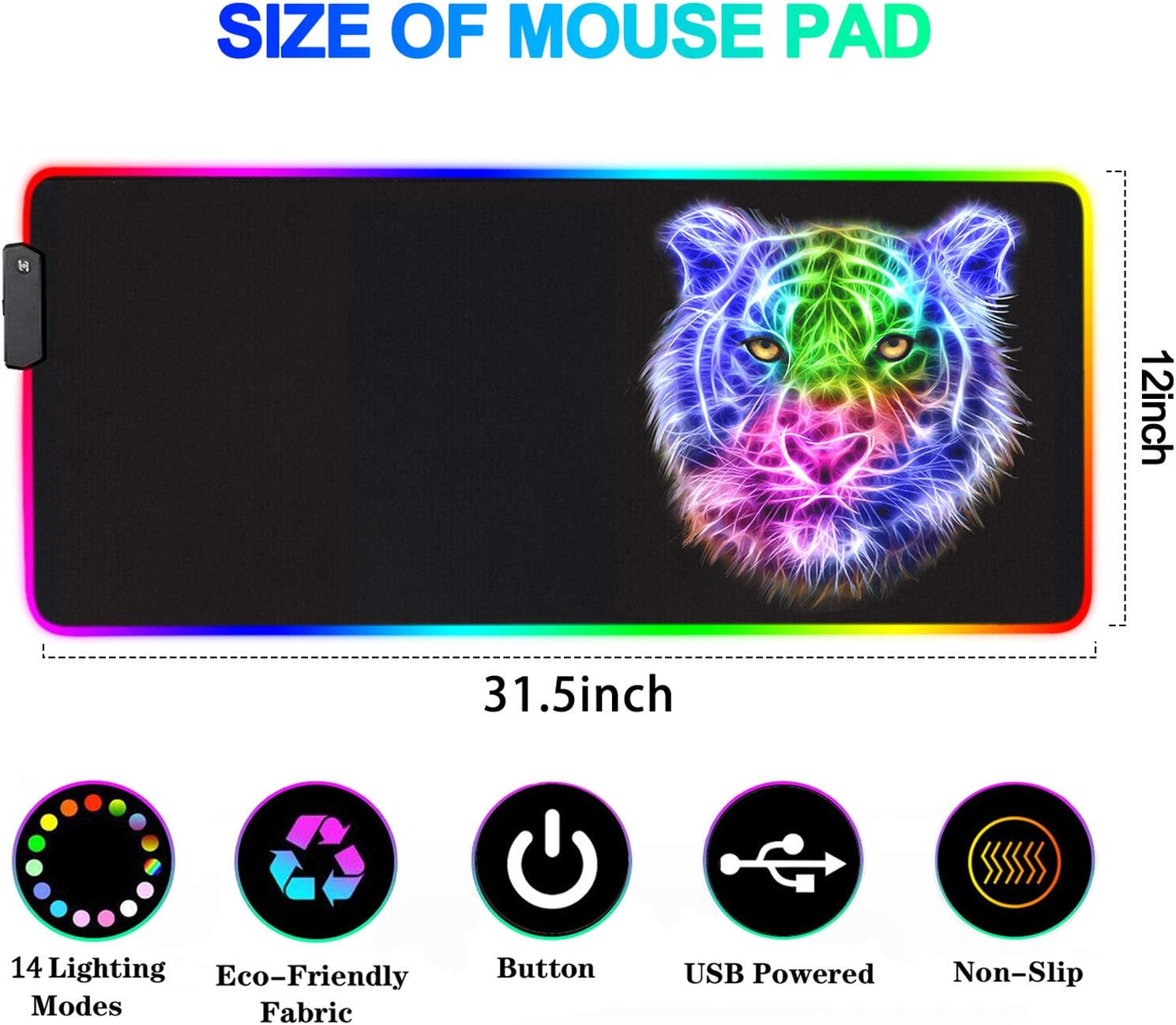 RGB Gaming Mouse Pad - 14 Light Modes Extended Computer Keyboard Mat, Anime LED Large High-Performance Pad for Gamers 31.5 X 12in (Tiger)