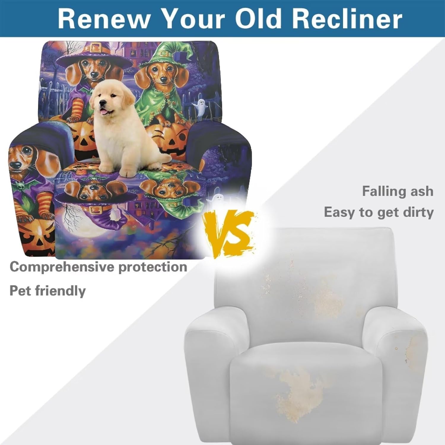 FOR U DESIGNS Dachshund Witch Pumpkin Recliner Covers Washable 4 Pieces Stretch Slipcover for Reclining Chair with Storage Pockets Stay in Place Soft Fabric Halloween Decorations