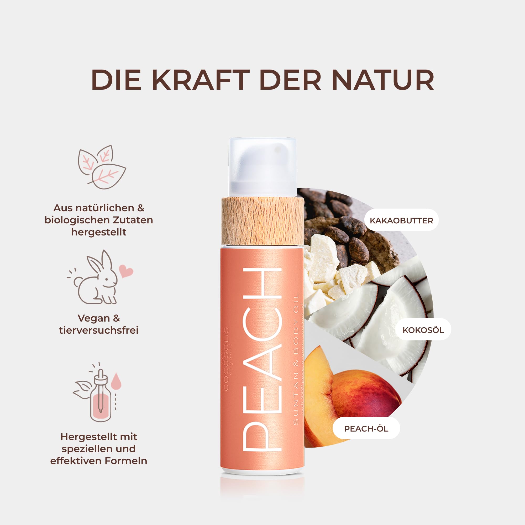 COCOSOLIS PEACH Bräunungsbeschleuniger – Bio-Bräunungsöl mit Vitamin E & Duft nach Pfirsich für schnelle intensive Bräune – Bräunungsverstärker für satte Bräune - pflegende Bodylotion