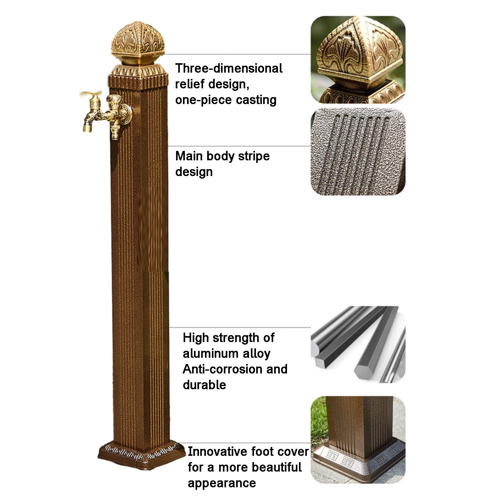 Genérico Grifo de jardín Retro de latón para Exteriores con Columna de Agua - Poste de 66 cm con Soporte para tubería de Agua, diseño en Relieve, protección contra el frío y el Sol para Lavar Coches