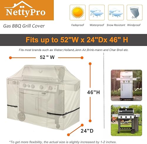 Miniatura 5 de NettyPro Cubierta para parrilla de barbacoa de gas de 52 pulgadas, impermeable, 600D, resistente, para parrillas Weber, Char-Broil, Brinkmann,