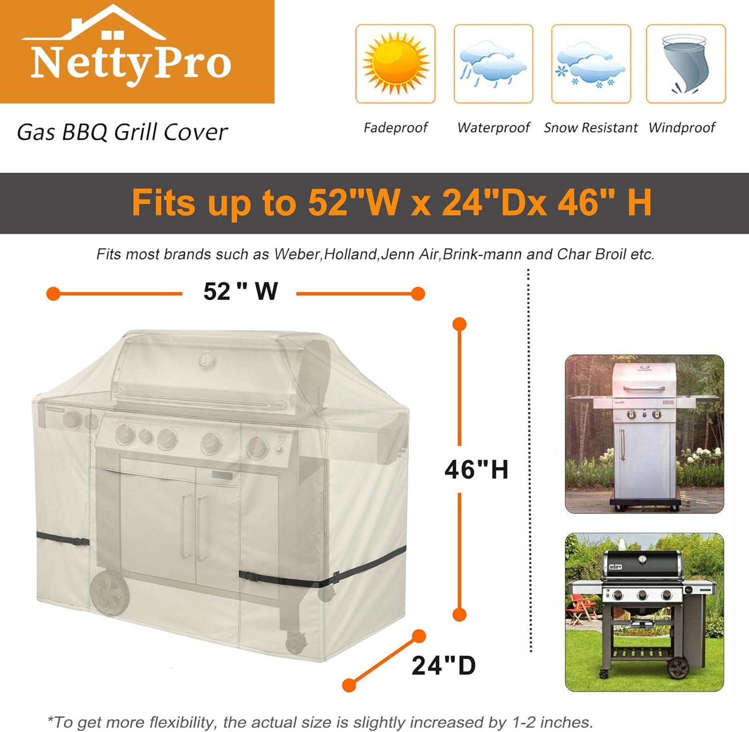 NettyPro Pokrowiec na grill gazowy, 132 cm, wodoodporny, 600D, wytrzymały pokrowiec na grilla do Weber, Char-Broil, Brinkmann, Nexgrill i innych, beżowy