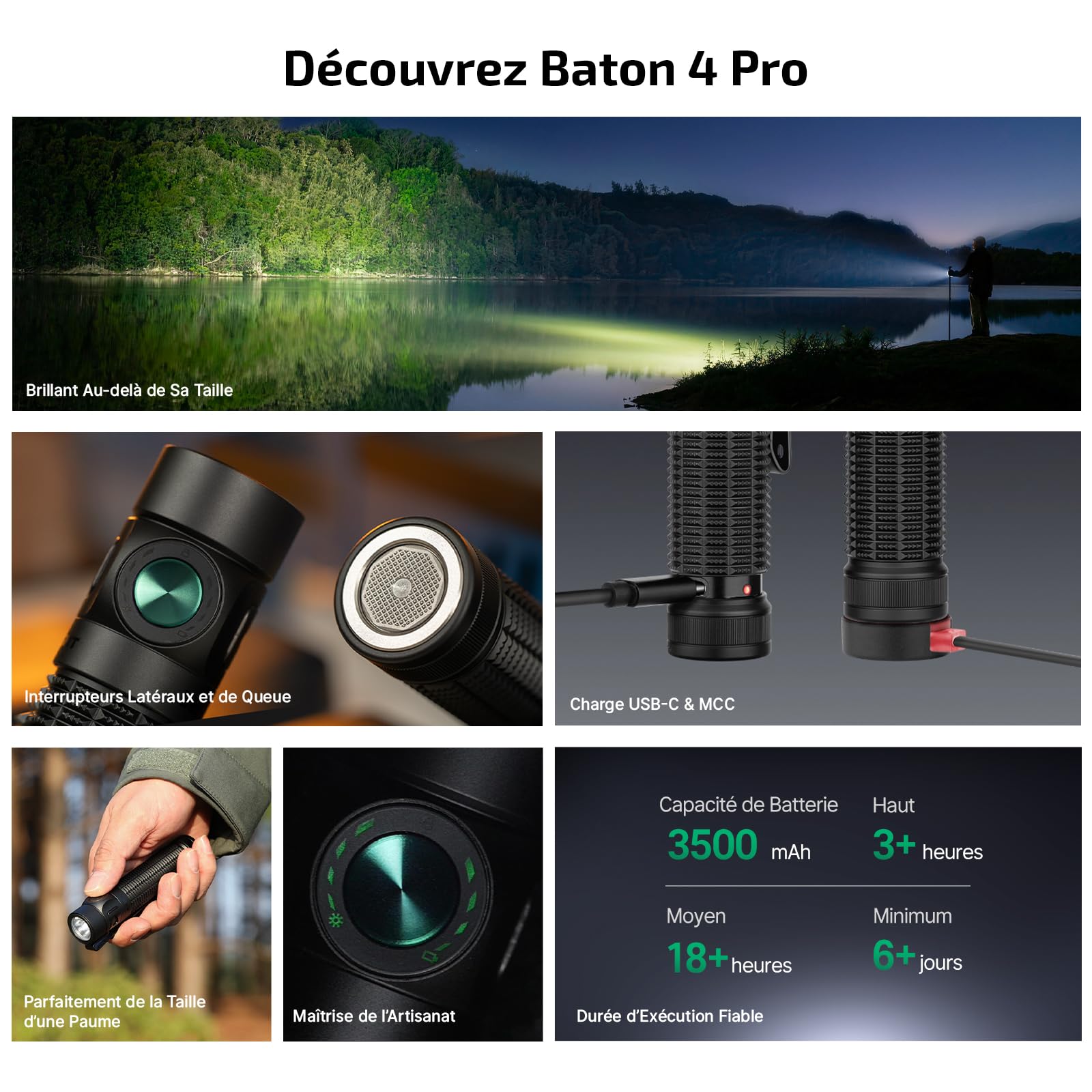 OLIGHT Baton 4 Pro Lampe Torche EDC, 1600 Lumens, Charge Magnétique & USB-C | Batterie 3500mAh,Double Interrupteur, 5 modes, Portée 200m,Etanche IPX8 pour les urgences domestiques,