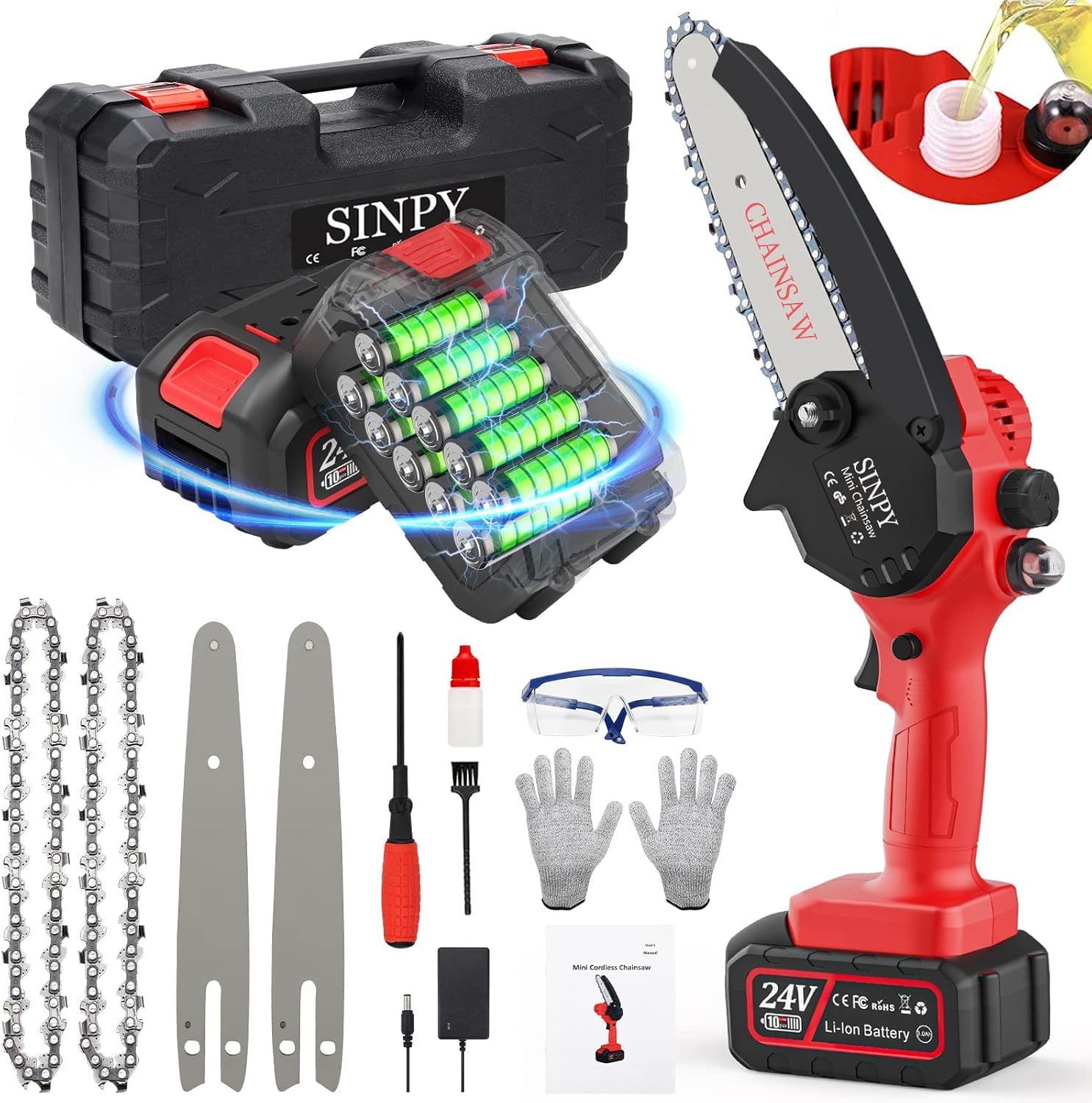 SINPY Mini Chainsaw Cordless 6 Inch Battery Chainsaw with 2 * 3000 mAh