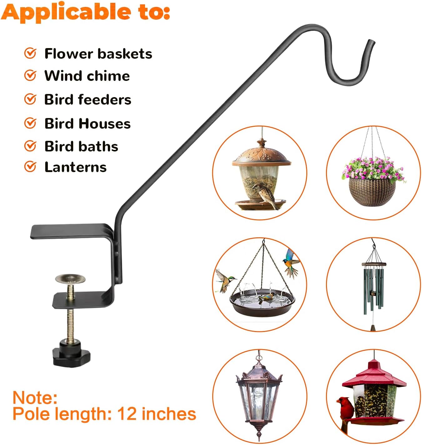 2 Pack Heavy Duty Deck Hook,Courtyard Decoration, 12”Long Solid Steel Deck Railing Hooks for Hanging Bird Feeders,Planters,Suet Baskets,Lanterns,Wind Chimes,Clamp Mounted