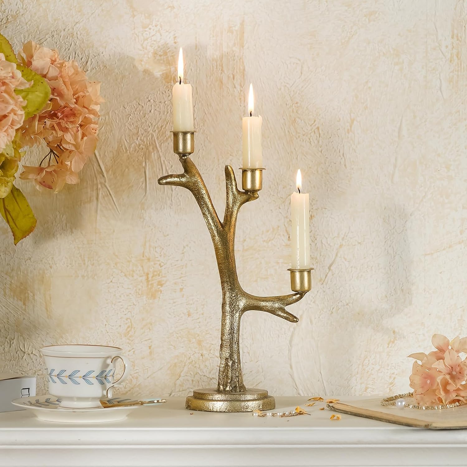 NIKKY HOME Vintage Gold 3 Arm Candelabra, Tree Branch Taper Candle Holder