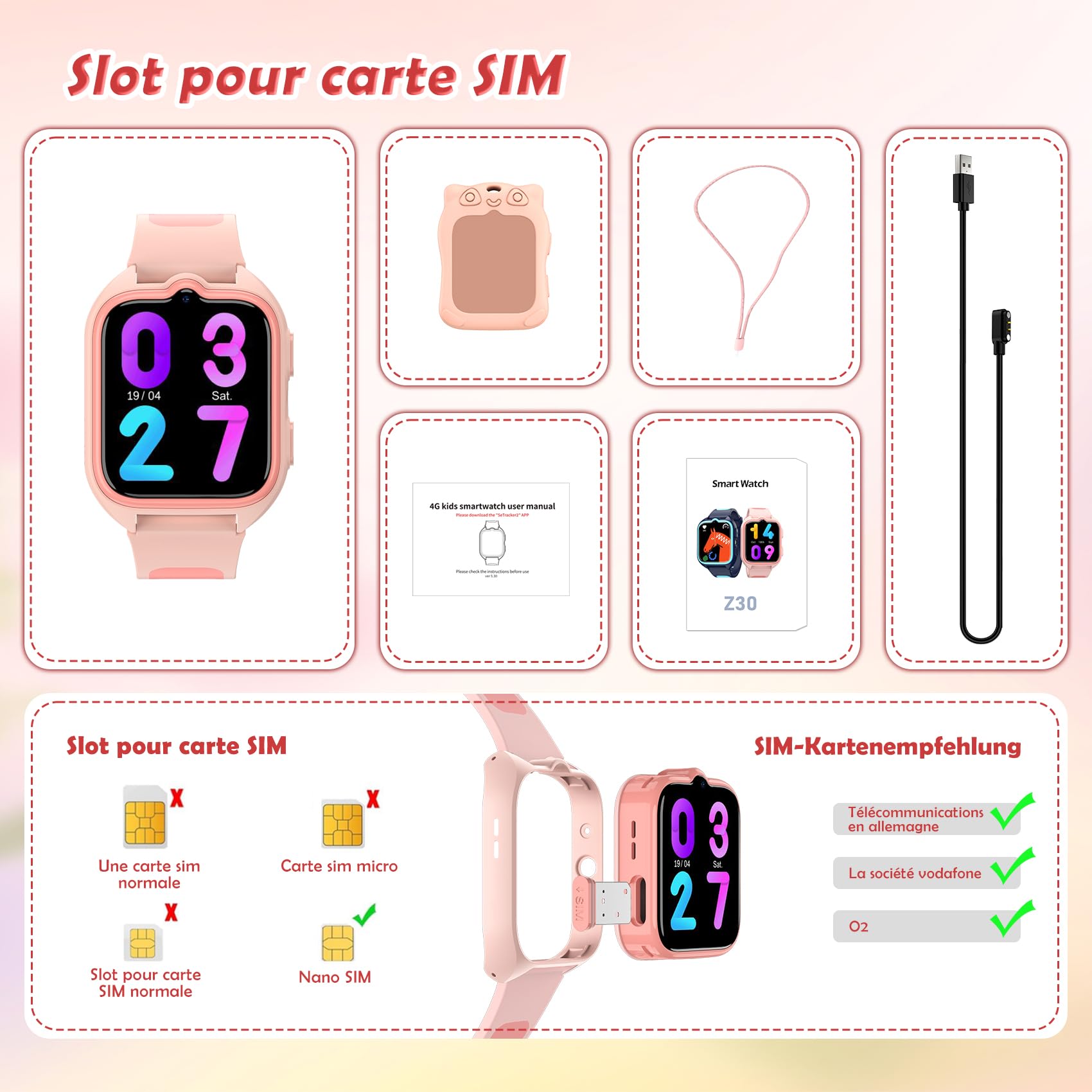4G Montre Connectée Enfant avec Appel Vidéo et GPS, Compatible Nano SIM, Messages Vocaux, SOS, Mode École, Lampe Torche, Étanche IP67, Podomètre, 2 Modes de Port, Android iOS, pour Filles 4-12 Ans