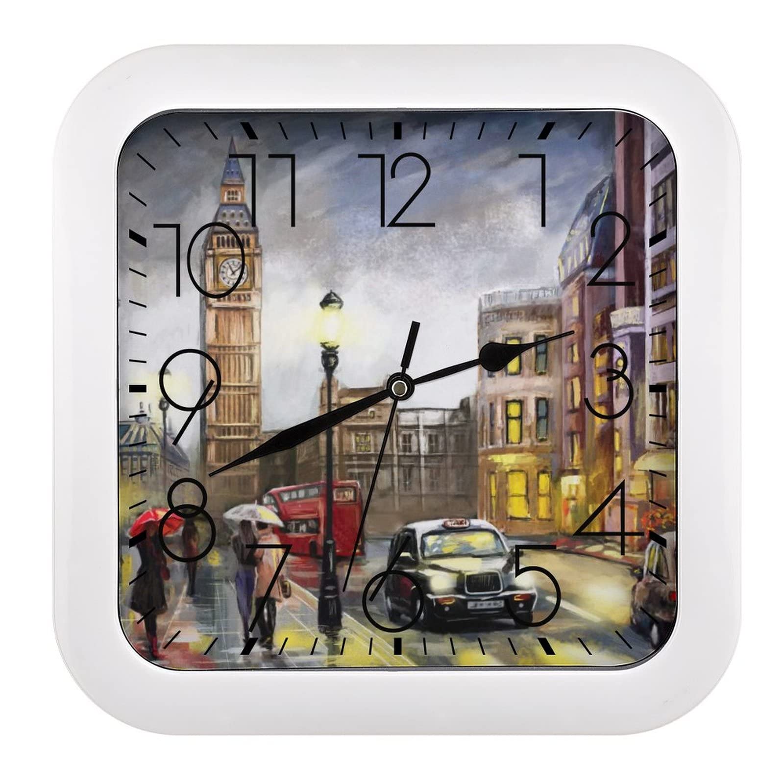 Horloge murale carrée grands chiffres 26x26cm pour décoration salon et chambre Ville Rue