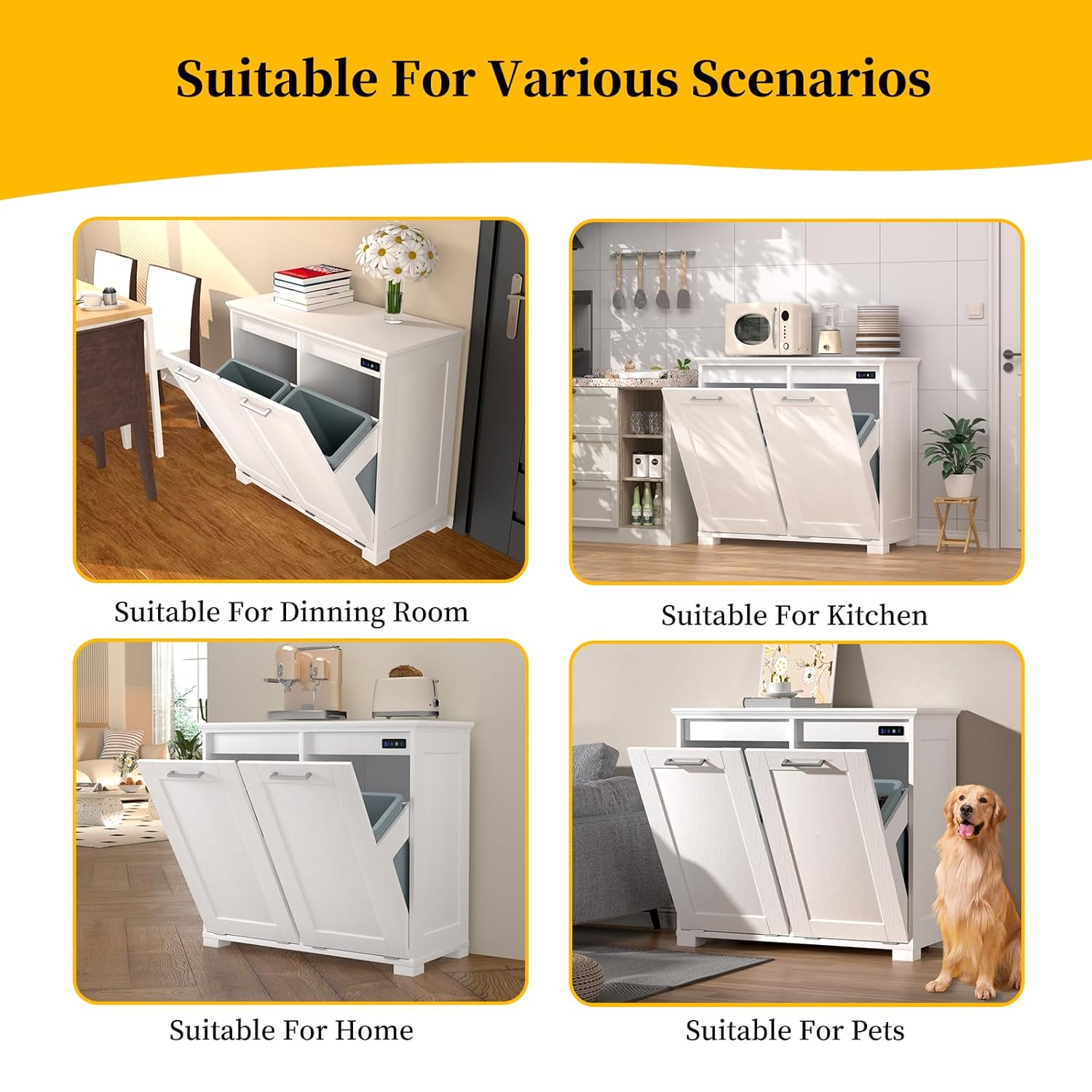 Tilt Out Trash Can Cabinet, Wooden Trash Cabinet with Deodorising Function, 20 Gallons Freestanding Dog-Proof Garbage Bin Cabinet for Home, Laundry Room, Kitchen and Living Room, White Finish