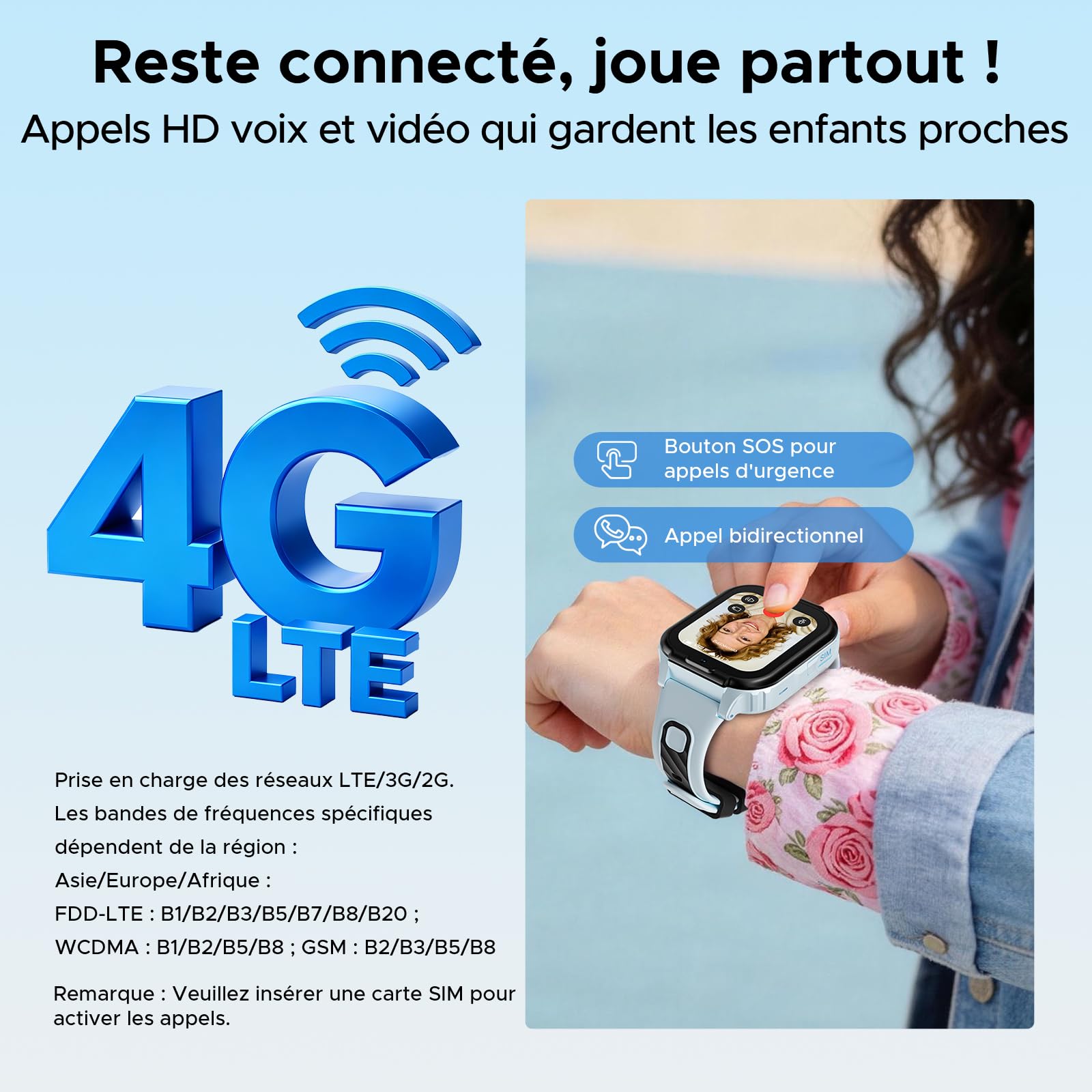 4G Anyscene S1 Montre Connectée Enfant GPS, Appels Vidéo, Chat Vocal, SOS, 800mAh Batterie, Étanche IPX7, Mode École et Podomètre, Smart Watch Enfant avec Écran HD 1,83'' (Bleu Clair)