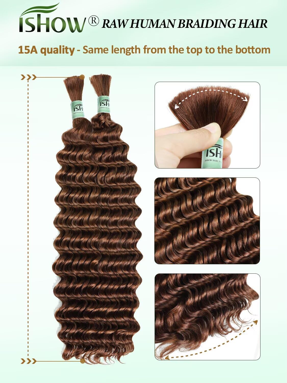 ISHOW Raw Human Braiding Hair, 100% Unprocessed Virgin Human Hair, 15A Deep Wave Boho Hair, 100g 14 Inch (2 Packs), NO.1 Premium Quality Boho Hair Producer, Long Lasting, Auburn Brown Color 30