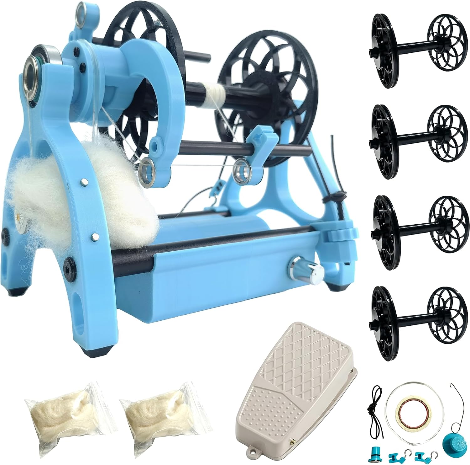 Electric Yarn Winder Electric Yarn Spinner Kit Spinning Wheel for Wool with Foot Controller & 4 Bobbins, Small Wool Spinner with Forward & Reverse(Blue)