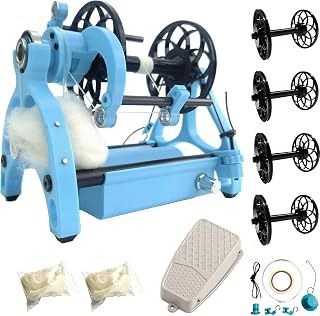 Electric Yarn Winder 전기 실 스피너 키트 스피닝 휠, 풋 컨트롤러 및 보빈 4개, 전진 및 후진 소형 울 스피너(블루)