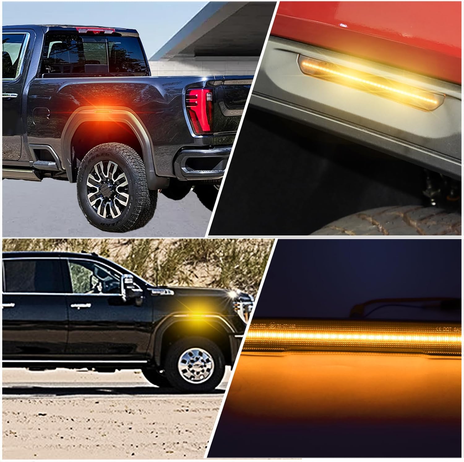 Smoked LED Side Marker Lights Kit (4-Piece) – Compatible with 2020-2024 GMC Sierra 2500HD/3500HD – Amber Front Fender & Red Rear Bumper Turn Signals | Plug & Play OEM Replacement