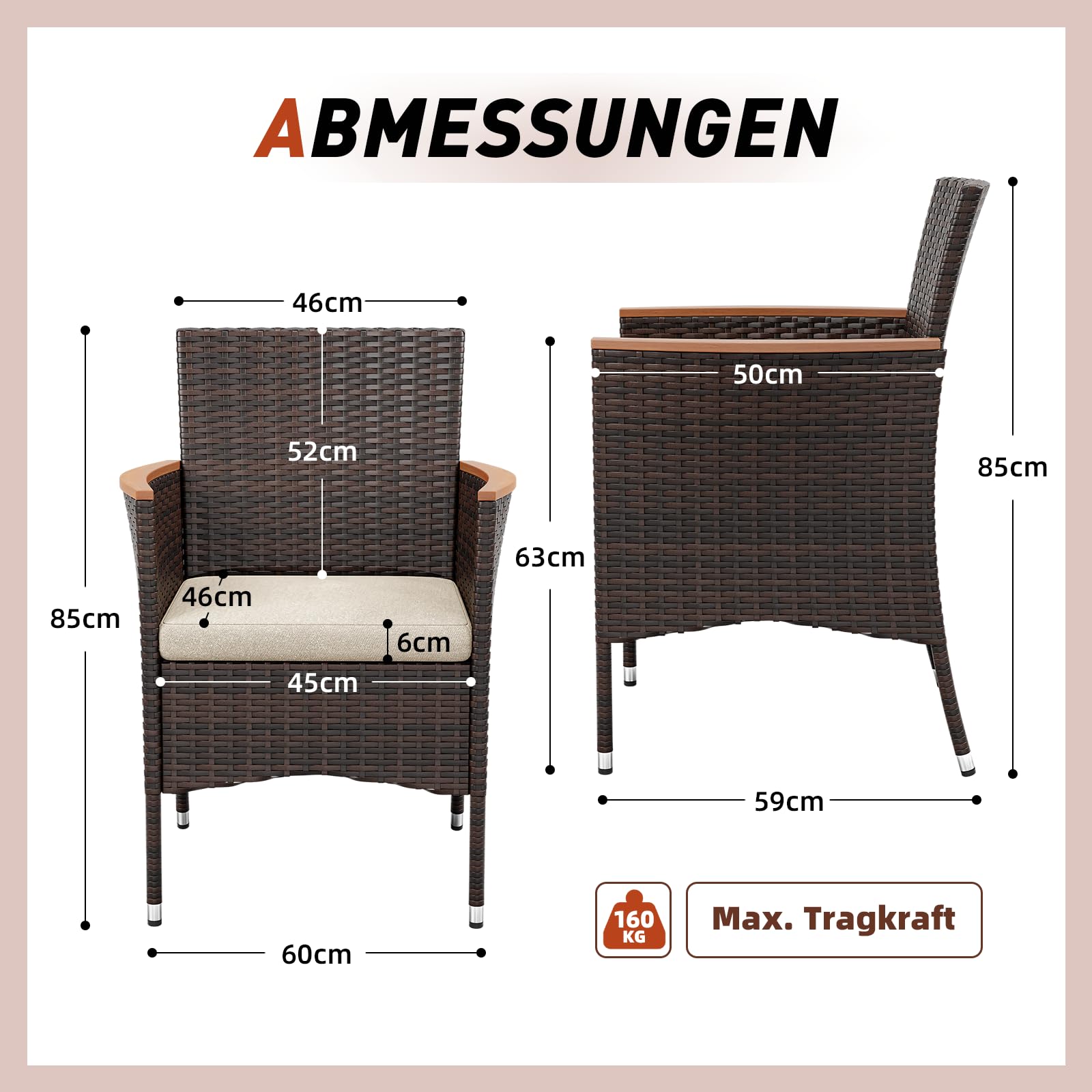 UDPATIO Gartenstühle 2er Set Rattan mit Kissen, Wetterfeste Gartenmöbel, Gartenstuhl Hochlehner für Balkon Terrasse, Outdoor Lounge Sessel, 60x59x85cm, Braun