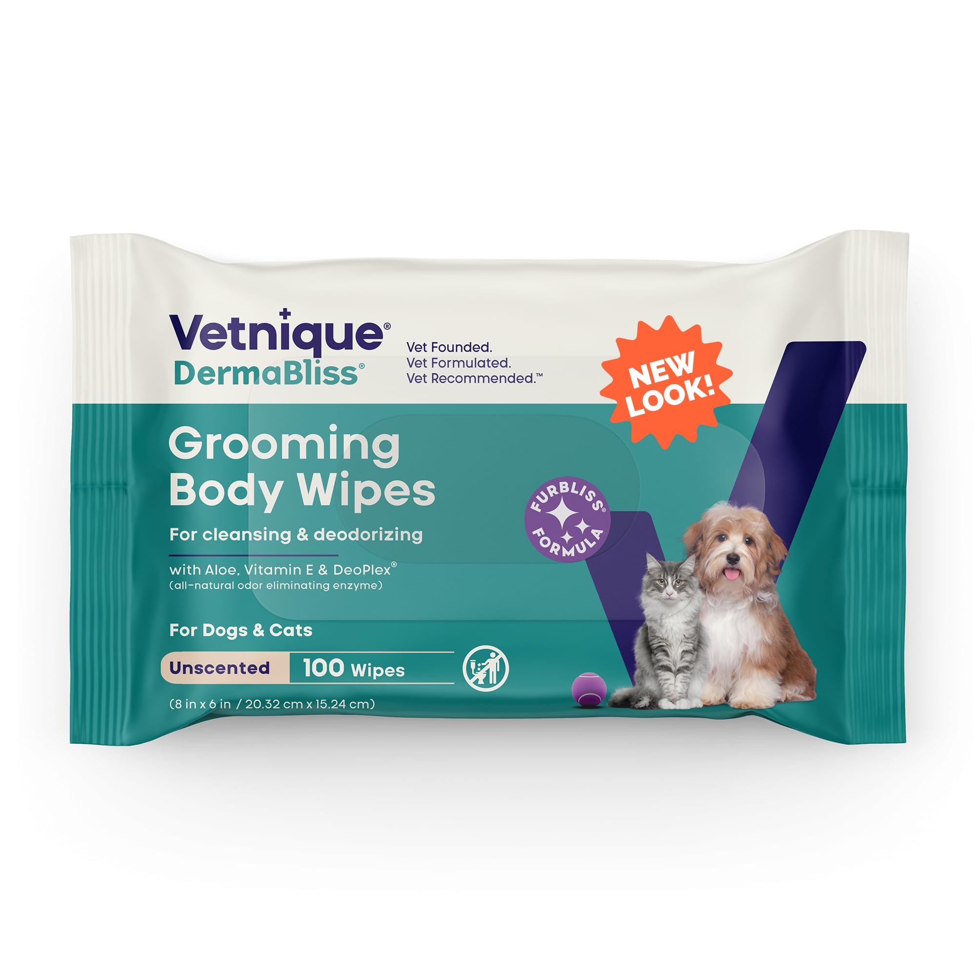 Vetnique DermaBliss Pet Wipes for Dogs Cats for Grooming Cleansing Deodorizing Thick Dog Wipes for Convenient Dog Cleaning