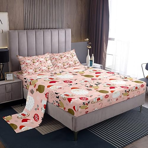 Manfei Juego de sábanas de Navidad tamaño individual, juego de ropa de cama de Papá Noel y reno para decoración de habitación de niños y niñas,